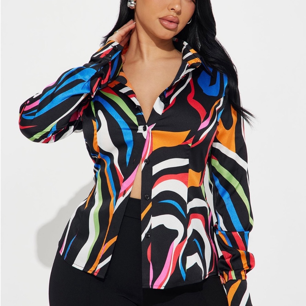 Fashion Nova Blue Pink Graphic Button Down Shirt